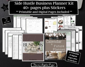 40 Page Side Hustle Business Planner & Stickers|Digital, Printable Pages|PNG Pre Cropped|Vision Board|Inserts|Letter, A5|Goodnotes|Calendar