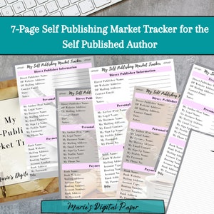 May include: A printable 7-page self-publishing market tracker for authors. The tracker includes sections for direct publisher information, personal information, and payment details. The pages are designed with a gray and pink color scheme.