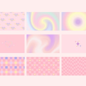 Puede incluir: Nueve fondos digitales de color rosa pastel y morado con varios patrones, incluidos corazones, estrellas y dise&ntilde;os a cuadros.