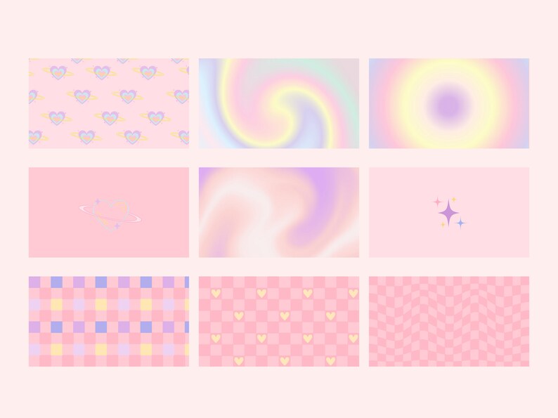 Puede incluir: Nueve fondos digitales de color rosa pastel y morado con varios patrones, incluidos corazones, estrellas y dise&ntilde;os a cuadros.