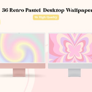 Puede incluir: Dos monitores de ordenador que muestran dise&ntilde;os abstractos de color pastel. El monitor de la izquierda tiene un patr&oacute;n de arco&iacute;ris en espiral, mientras que el monitor de la derecha tiene un dise&ntilde;o en forma de mariposa con colores rosa, morado y amarillo.