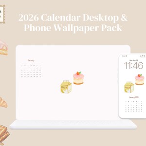 Puede incluir: Un paquete de fondos de pantalla digitales para 2026, con un portátil y un teléfono que muestran un calendario e ilustraciones de pasteles y cartones de leche. La imagen incluye el texto "4k High Quality" y "2026 Calendar Desktop & Phone Wallpaper Pack."