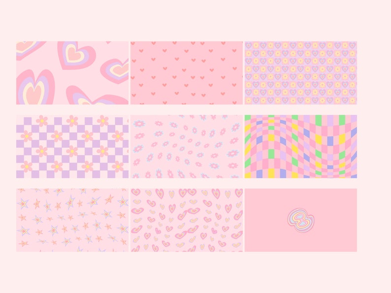Puede incluir: Un conjunto de nueve patrones de papel digital con varios dise&ntilde;os en rosa, morado, amarillo y azul. Los patrones incluyen corazones, flores, estrellas y dise&ntilde;os a cuadros.