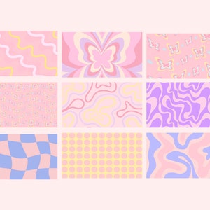 Puede incluir: Nueve patrones diferentes de colores pastel con formas abstractas, remolinos y mariposas. Los patrones son en tonos de rosa, amarillo, azul y morado.
