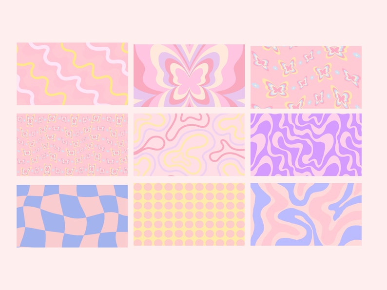 Puede incluir: Nueve patrones diferentes de colores pastel con formas abstractas, remolinos y mariposas. Los patrones son en tonos de rosa, amarillo, azul y morado.