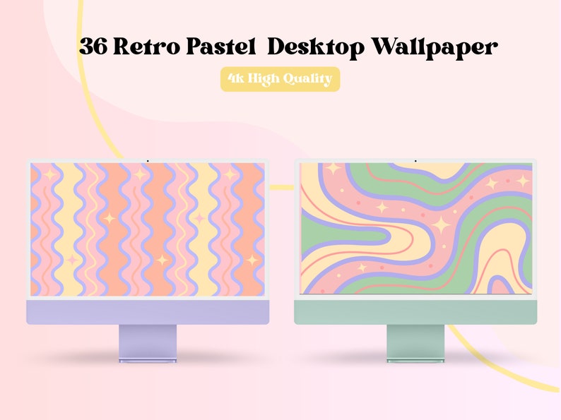 Puede incluir: Dos monitores de ordenador que muestran dise&ntilde;os abstractos de colores pastel con l&iacute;neas onduladas y estrellas. El texto "36 Retro Pastel Desktop Wallpaper" y "4k High Quality" se muestra encima de los monitores.