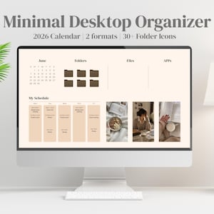 May include: A computer monitor displaying a digital desktop organizer with a 2026 calendar, folder icons, and a schedule section. The interface features text labels including June, Folders, Files, APPs, and My Schedule, alongside three photographic images.