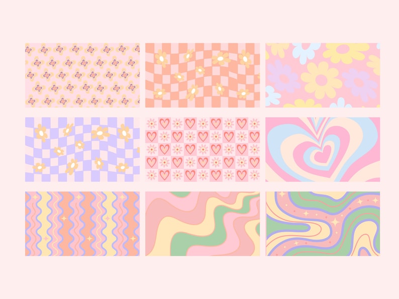 Puede incluir: Nueve patrones de diferentes colores pastel con varios dise&ntilde;os que incluyen flores, corazones, estrellas y l&iacute;neas onduladas.