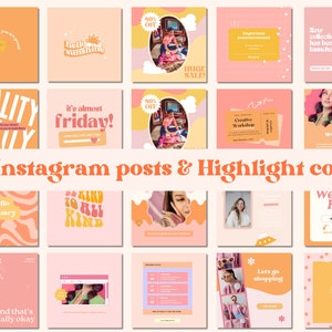Instagram-postsjablonen, retro Instagram-sjablonen, roze oranje canvasontwerp, jaren 90 sociale-mediasjabloon, groovy Instagram-feedbranding