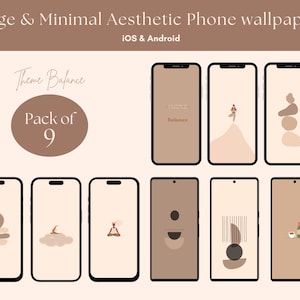 Puede incluir: Un conjunto de nueve fondos de pantalla minimalistas para teléfono en tonos beige y marrón. Los fondos de pantalla presentan formas abstractas, patrones geométricos e ilustraciones de una persona meditando, una persona de pie en una colina y una pila de piedras.