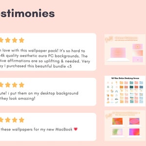 Puede incluir: Tres testimonios de clientes con calificaciones de cinco estrellas para un producto digital. Los testimonios destacan la calidad, la est&eacute;tica y la naturaleza inspiradora del producto. El producto es un paquete de fondos de pantalla para PC con aura est&eacute;tica 4K con afirmaciones positivas.