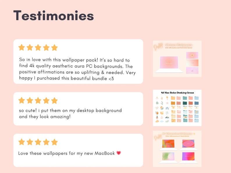 Puede incluir: Tres testimonios de clientes con calificaciones de cinco estrellas para un producto digital. Los testimonios destacan la calidad, la est&eacute;tica y la naturaleza inspiradora del producto. El producto es un paquete de fondos de pantalla para PC con aura est&eacute;tica 4K con afirmaciones positivas.