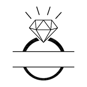 Könnte beinhalten: Eine Schwarz-Weiß-Strichzeichnung eines Diamantrings. Der Ring hat einen großen, facettierten Diamanten oben mit Strahlenlinien darüber. Das Ringband hat ein geteiltes Design mit Platz für Text.