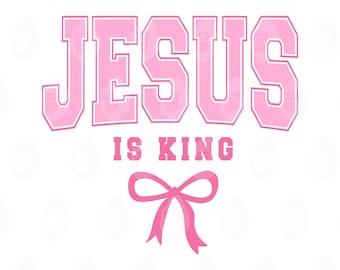 May include: Pink graphic design on a white background. The text reads "JESUS IS KING" in a pink collegiate font, with a pink bow at the bottom. The design is simple and bold, suitable for apparel or accessories.