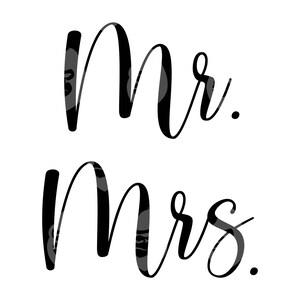 May include: Black script text on a white background reads "Mr." above "Mrs.". The letters have a floral pattern within them. This design is suitable for wedding decor or signage.