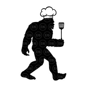 May include: A black silhouette of a Bigfoot wearing a chef's hat and holding a spatula.