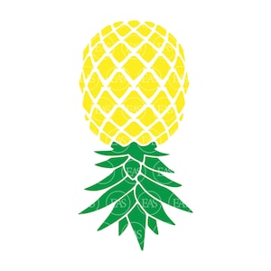 May include: A yellow pineapple with a green leafy top. The pineapple is a silhouette with a white outline.