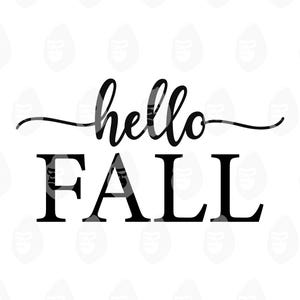 Puede incluir: Diseño gráfico en blanco y negro con las palabras "hello FALL". La palabra "hello" está escrita en cursiva, mientras que "FALL" está en negrita. El diseño está sobre un fondo blanco, ideal para temas de otoño.