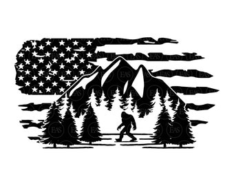 Bigfoot Svg, American Flag Svg, Forest Svg, Big Foot Print, Yeti, Sasquatch. Vector Cut file Cricut, Silhouette, Sticker, Pdf Png Dxf.