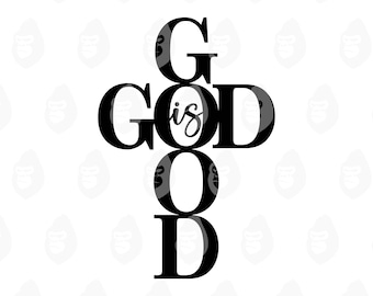 May include: Black and white graphic design with the words "GOD is GOOD" arranged vertically. The word "GOD" is at the top, "is" in the middle, and "GOOD" at the bottom. The background is white with a repeating pattern.
