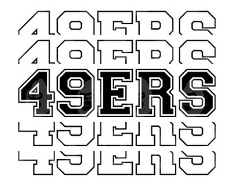 Pode incluir: Um design gráfico com o texto "49ERS" em letras de bloco pretas e brancas em negrito, com um efeito de sombra. O design é repetido várias vezes, criando um efeito em camadas. O tema geral é o desporto.