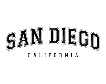 Peut inclure: Graphisme en noir et blanc avec l'inscription "SAN DIEGO" en lettres épaisses et arquées. En dessous, le mot "CALIFORNIA" est imprimé en plus petit, en police sans empattement. Le design est posé sur un fond blanc.