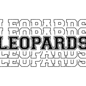 May include: Black and white graphic design with the text "I LOVE LEOPARDS" repeated four times. The text is in a bold, blocky font.