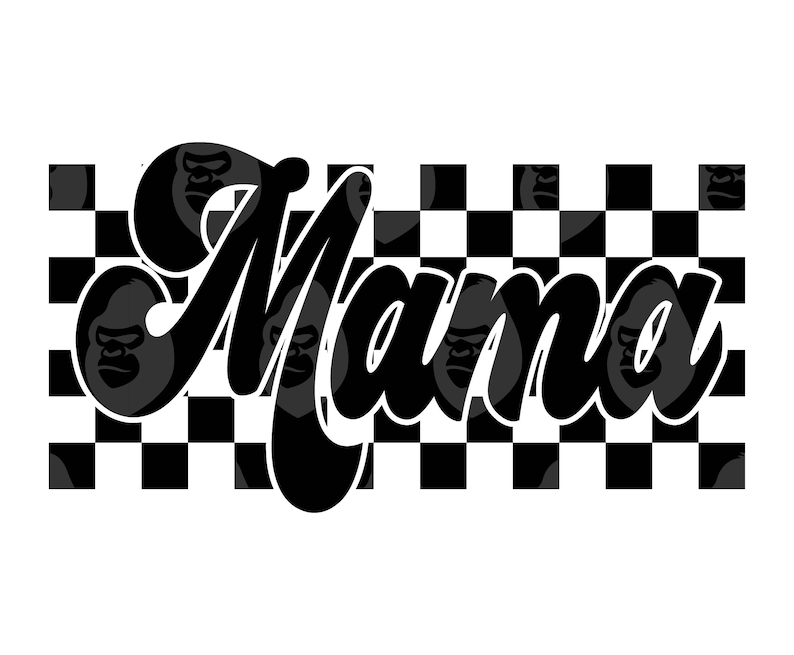 Puede incluir: Fondo blanco y negro a cuadros con la palabra "Mama" escrita en una fuente en negrita y cursiva. La palabra est&aacute; parcialmente oscurecida por caras de gorilas blancas y negras.