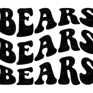 May include: Black and white graphic design with the word "BEARS" repeated three times in a retro, wavy font.