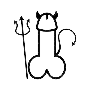 May include: Black and white illustration of a stylized penis with devil horns, a curved tail, and a trident. The design is a simple, bold graphic, suitable for various applications.