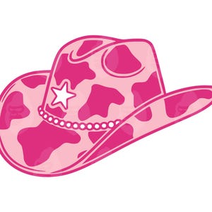 May include: A pink cowboy hat with a cow print design. The hat features a white star and a beaded band. The hat is a light pink color with darker pink spots.