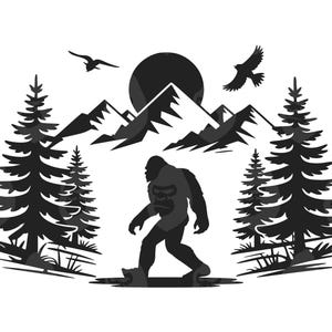 Bigfoot in Woods Svg, Forest Svg, Mountain Svg, Big foot Svg, Yeti Svg, Sasquatch Svg. Vector Cut file Cricut, Silhouette, Pdf Png Dxf.