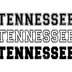 May include: Three stacked images of the word "Tennessee" in a bold, blocky font. The top image is black with a white outline, the middle image is white with a black outline, and the bottom image is black.