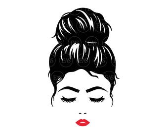 Messy Bun Svg, Mom Life Svg, Messy Hair Svg, Girl with Eyelashes Svg. Vektor klippfil Cricut, Silhouette, Pdf Png Dxf Eps, klistermärke, dekal.