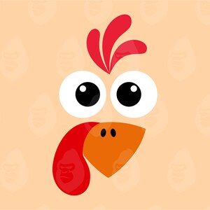 May include: A cartoon turkey face with red wattles, large white eyes with black pupils, and an orange beak.