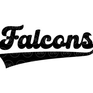 May include: Black and white graphic of the word "Falcons" in a retro, vintage style font. The word is arched and has a black and white baseball-style stripe underneath.