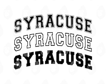 May include: Three stacked instances of the word "SYRACUSE" in a curved arrangement. The top and bottom instances are black with white outlines, while the middle one is white with black outlines. The font is a bold, collegiate style.