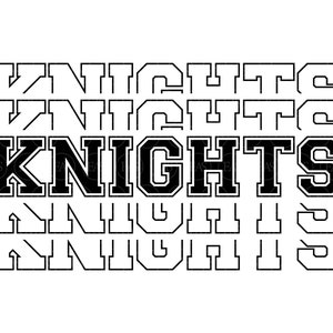 Op de afbeelding: Zwart-wit grafisch ontwerp van het woord "Knights" in een vet, blokkerig lettertype. Het woord wordt vier keer herhaald, waarbij de middelste twee instanties groter zijn en zwart zijn ingevuld.