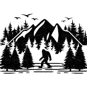 Bigfoot in Woods Svg, Forest, Mountain, Big foot Svg, Yeti Svg, Sasquatch Svg. Vector Cut file Cricut, Silhouette, Sticker, Pdf Png Dxf.