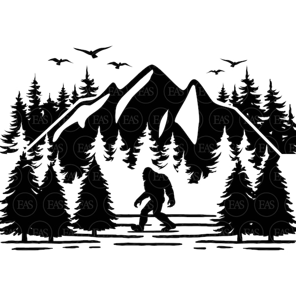 Bigfoot em Woods Svg, Floresta, Montanha, Big foot Svg, Yeti Svg, Sasquatch Svg. Arquivo de corte vetorial Cricut, Silhueta, Adesivo, Pdf Png Dxf.