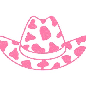 May include: A pink cowboy hat with a white cow print pattern.