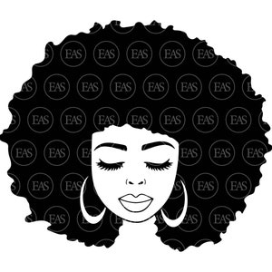 May include: Black and white illustration of a woman with large, afro-style hair and closed eyes. The woman is wearing large hoop earrings.