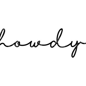 Könnte beinhalten: Handschriftliche kursive Schrift, die das Wort "howdy" in schwarzer Tinte buchstabiert.
