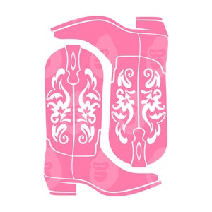 Puede incluir: Un par de botas vaqueras rosas con diseños florales blancos. Las botas están apiladas una encima de la otra.