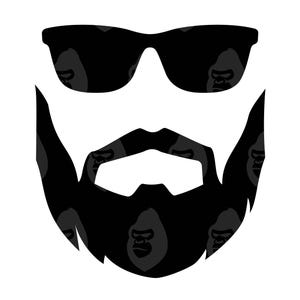 May include: A black and white illustration of a person wearing sunglasses and a beard. The beard is patterned with small gorilla faces.