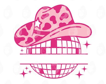 May include: A pink graphic featuring a cowboy hat with a cow print design and a star, resting on a disco ball. The design includes a lower section for text and starburst accents, all in shades of pink.