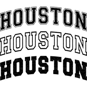 May include: Black and white graphic design with the word "HOUSTON" repeated three times in a stacked format. The word "HOUSTON" is in a bold, blocky font with a white outline.