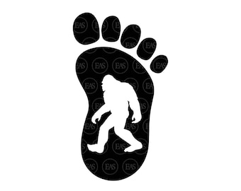 May include: Black silhouette of a footprint with a white silhouette of Bigfoot walking inside the footprint.