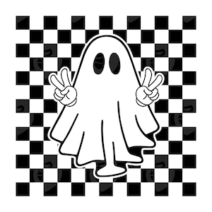 Fantasma a scacchi Svg, Fantasma carino Png, Segno della pace, Boo, Halloween, Vibrazioni della stagione spettrale, Boo Haw. File di taglio vettoriale Cricut, Silhouette, Adesivo.