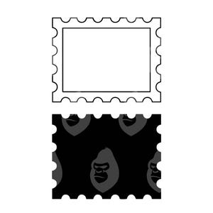 Può includere: Due modelli di francobolli. Il francobollo superiore è un rettangolo bianco con un bordo smerlato. Il francobollo inferiore ha uno sfondo nero con un motivo ripetuto di facce di gorilla e un bordo smerlato.